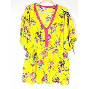 The Pioneer Woman Floral V Neck Tunic Top Shirt Kimono Sleeve Yellow/Pink XXL